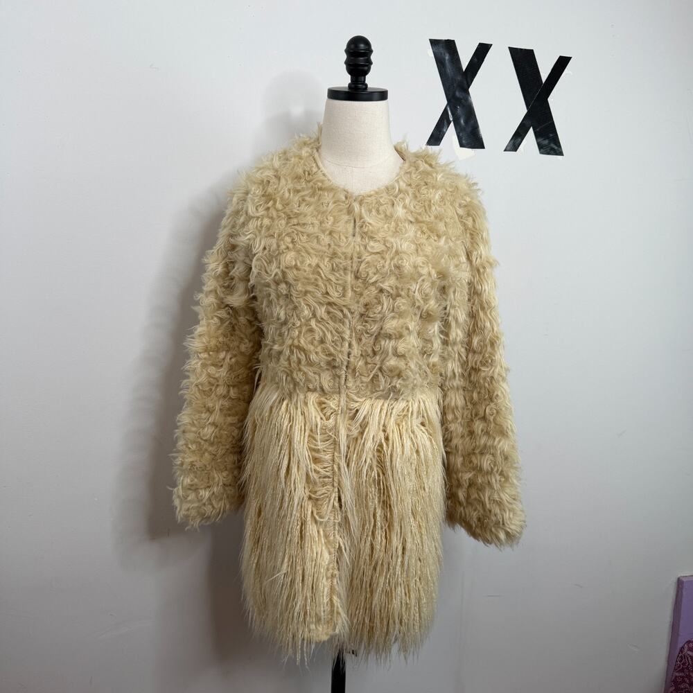 Y2K Snidel Ivory Curly Shaggy Faux Lamb Fur Fringe Hook Front Midi Coat 8